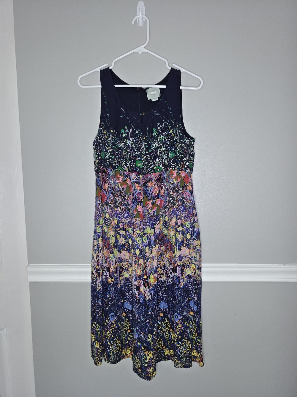 100% Silk Maeve Navy Floral Gradient Sleeveless Midi Dress